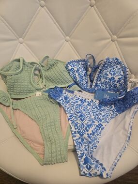 Cupshe Green Textured Bikini & Blue White Printed Bikini Set